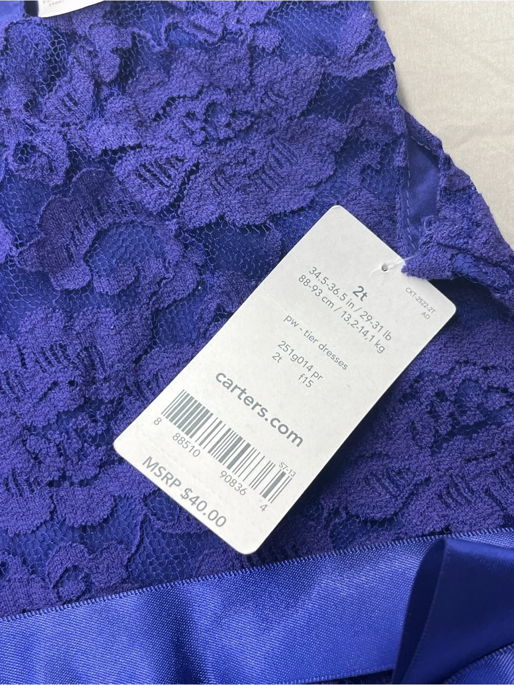 Carter's Girls Sleeveless Lace Dress with Satin Bow Size 2T New with Tags